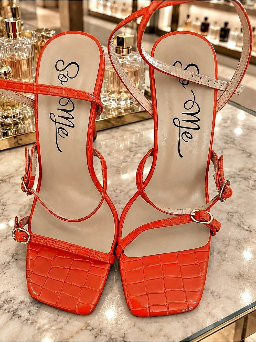 So Me Orange Croc-Embossed Strappy Square Toe High Heel Sandals